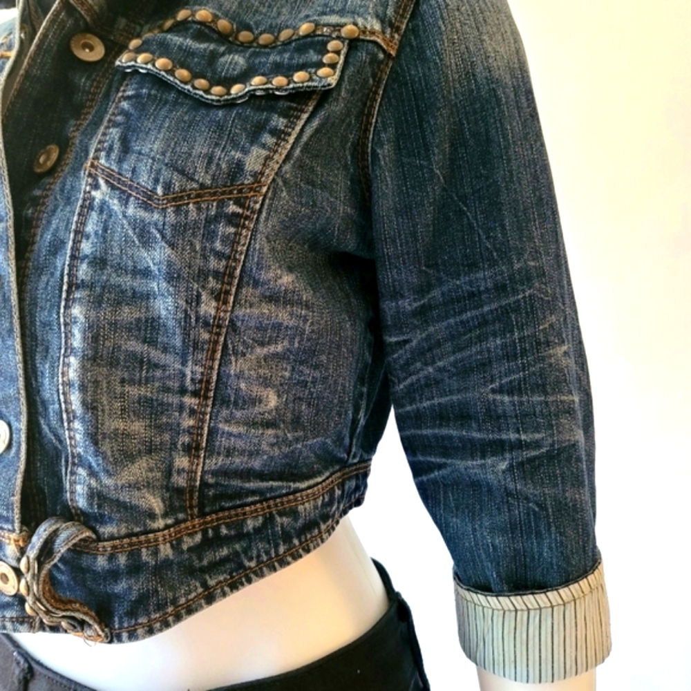 American Rag Cie Women's Semi-Cropped Studded 3/4 Sleeve Jean Jacket Size M